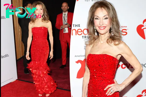 Two split photos of Susan Lucci posing on a red carpet