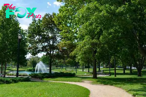 A park with a curving trail and green trees along the lakefront along Lake Michigan in the Chicago suburb of Evanston Illinois during the summer