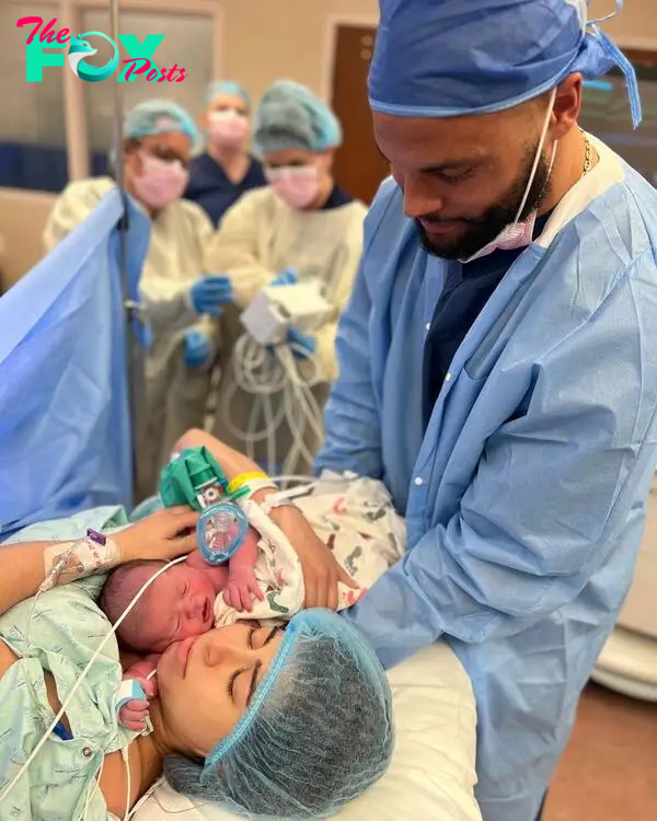 Dak Prescott and Sarah Jane Ramos with their baby girl in the hospital.