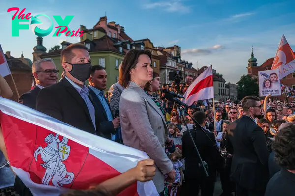 Belarus's exiled opposition leader Sviatlana Tsikhanouskaya delivers a speech in Warsaw, Poland on June 3, 2021.
