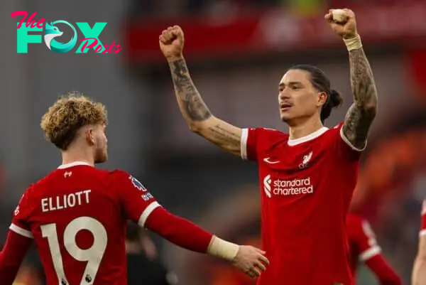 LIVERPOOL, ENGLAND - Saturday, February 10, 2024: Liverpool's Darwin Núñez celebrates with Harvey Elliott after scoring the third goal during the FA Premier League match between Liverpool FC and Burnley FC at Anfield. (Photo by David Rawcliffe/Propaganda)