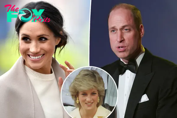 Meghan Markle split with Prince William with an inset of Princess Diana.