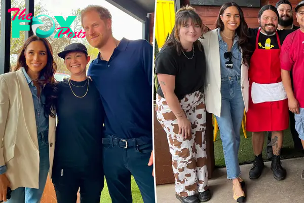 Meghan Markle and Prince Harry with BBQ workers