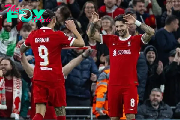LIVERPOOL, ENGLAND - Thursday, March 14, 2024: Liverpool's Darwin Núñez (L) celebrates with team-mate Dominik Szoboszlai after scoring the first goal during the UEFA Europa League Round of 16 2nd Leg match between Liverpool FC and AC Sparta Praha at Anfield. (Photo by David Rawcliffe/Propaganda)
