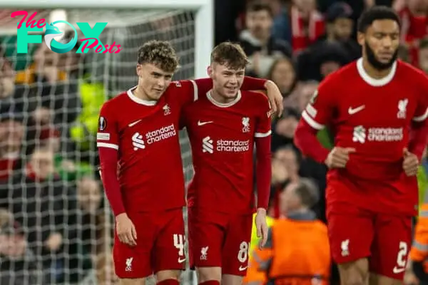 LIVERPOOL, ENGLAND - Thursday, March 14, 2024: Liverpool's Bobby Clark (L) celebrateswith team-mate Conor Bradley after scoring the second goal during the UEFA Europa League Round of 16 2nd Leg match between Liverpool FC and AC Sparta Praha at Anfield. (Photo by David Rawcliffe/Propaganda)