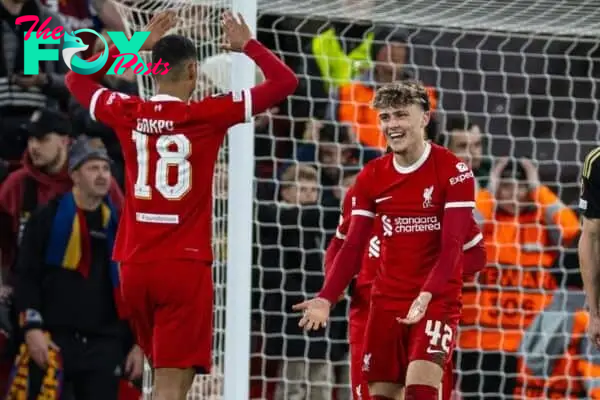 LIVERPOOL, ENGLAND - Thursday, March 14, 2024: Liverpool's Bobby Clark celebrates after scoring the second goal during the UEFA Europa League Round of 16 2nd Leg match between Liverpool FC and AC Sparta Praha at Anfield. (Photo by David Rawcliffe/Propaganda)