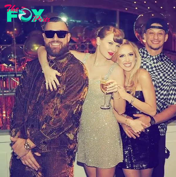 Travis Kelce, Taylor Swift, Patrick Mahomes and Brittany Mahomes at a party.