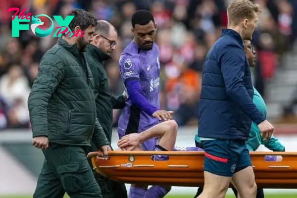 LONDON, ENGLAND - Saturday, February 17, 2024: Liverpool's Diogo Jota is carried off with an injury during the FA Premier League match between Brentford FC and Liverpool FC at the Brentford Community Stadium. (Photo by David Rawcliffe/Propaganda)