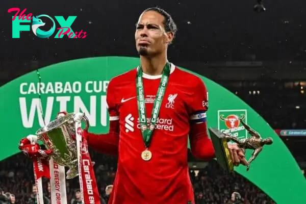 LONDON, ENGLAND - Sunday, February 25, 2024: Liverpool's captain Virgil van Dijk celebrates with the trophy and the Alan Hardaker Trophy for Man-of-the-Match after the Football League Cup Final match between Chelsea FC and Liverpool FC at Wembley Stadium. Liverpool won 1-0 after extra-time. (Photo by Peter Powell/Propaganda)