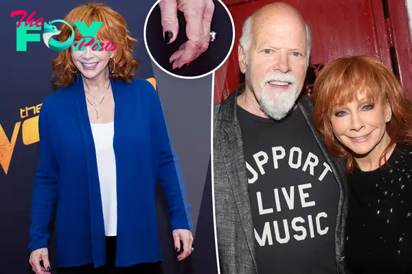 Reba McEntire and Rex Linn split image with her and a ring.