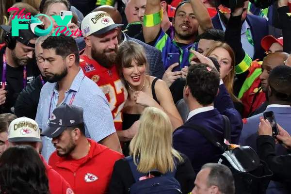 Travis Kelce and Taylor Swift hugging after his 2024 Super Bowl win