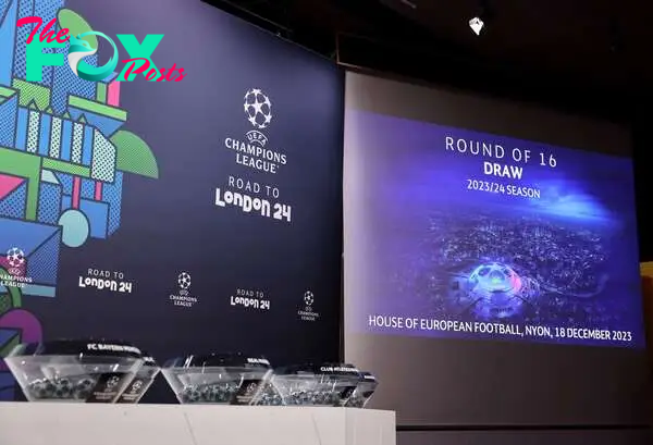 Soccer Football - Champions League - Round of 16 Draw - Nyon, Switzerland - December 18, 2023 General view of the pots ahead of the draw REUTERS/Pierre Albouy