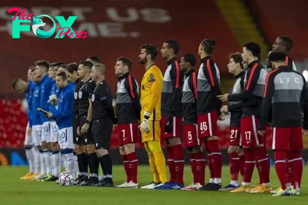 LIVERPOOL, ENGLAND - Wednesday, November 25, 2020: Liverpool's goalkeeper Alisson Becker and his team-mates line-up before the UEFA Champions League Group D match between Liverpool FC and Atalanta BC at Anfield. (Pic by David Rawcliffe/Propaganda)