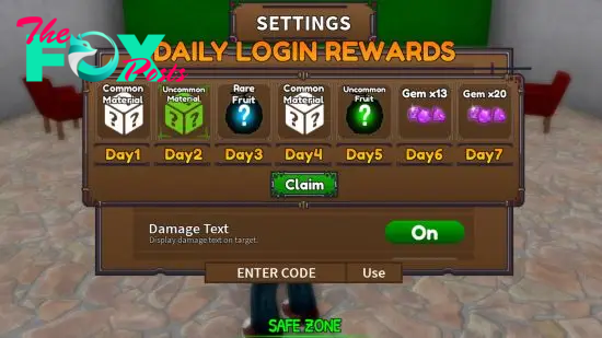 King Legacy Daily Login rewards and codes menu, showing the 'enter code' box in-game.