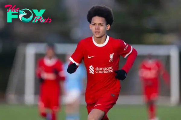 MANCHESTER, ENGLAND - Saturday, December 2, 2023: Liverpool's substitute Josh Sonni-Lambie during the Under-18 Premier League match between Liverpool FC Under-18's and Manchester City FC Under-18's at the Etihad Campus. (Photo by David Rawcliffe/Propaganda)