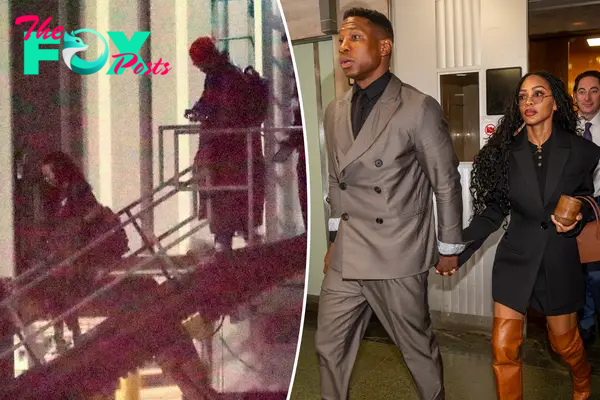 Jonathan Majors split image with Meagan Good getting off a plane.