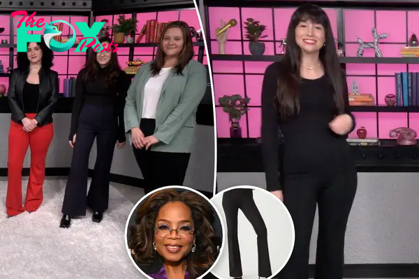 Two photos Page Six Staffers wearing Spanx pants with an inset photo of Oprah and of the pants