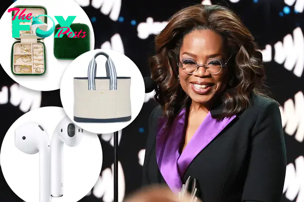 Oprah with insets of a bag, headphones and a jewelry box