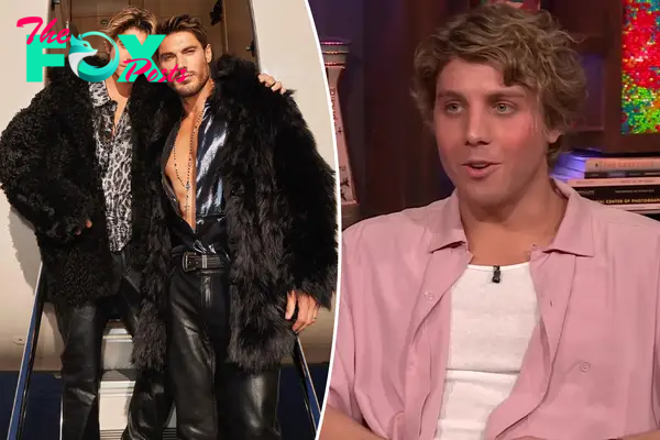 Lukas Gage and Chris Appleton stand side by side in matching fur coats and Lukas Gage appears on 'Watch What Happens Live'