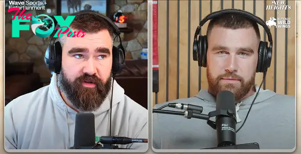 Travis Kelce and Jason Kelce on their podcast.