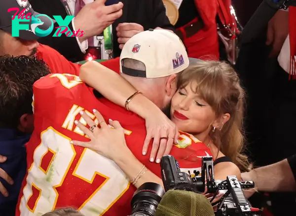 Taylor Swift and Travis Kelce celebrating after his 2024 Super Bowl win.