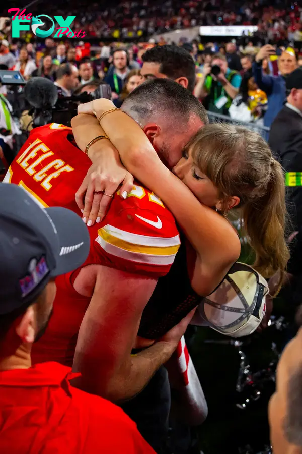 Taylor Swift and Travis Kelce celebrating after his 2024 Super Bowl win.