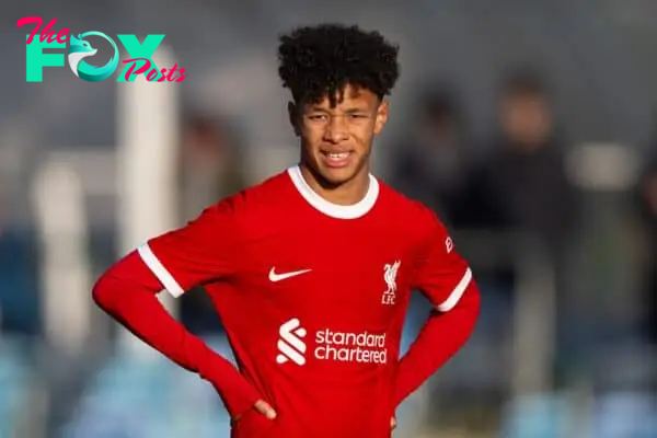 MANCHESTER, ENGLAND - Saturday, December 2, 2023: Liverpool's Trent Kone-Doherty during the Under-18 Premier League match between Liverpool FC Under-18's and Manchester City FC Under-18's at the Etihad Campus. Man City won 3-0. (Photo by David Rawcliffe/Propaganda)