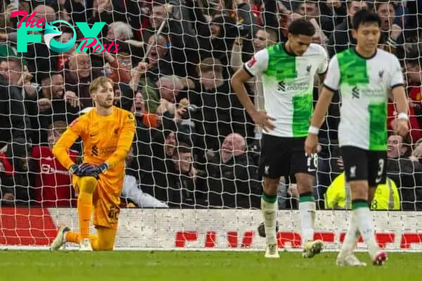 MANCHESTER, ENGLAND - Sunday, March 17, 2024: Liverpool's goalkeeper Caoimhin Kelleher looks dejected as Manchester United score the winning fourth goal, in extra-time, during the FA Cup Quarter-Final match between Manchester United FC and Liverpool FC at Old Trafford. Man Utd won 4-3 after extra-time. (Photo by David Rawcliffe/Propaganda)