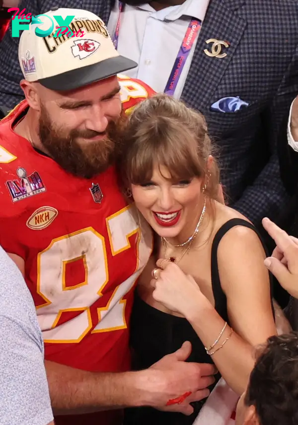 Taylor Swift and Travis Kelce celebrating after his 2024 Super Bowl win.