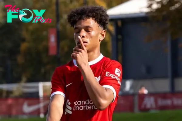 LIVERPOOL, ENGLAND - Saturday, October 7, 2023: Liverpool's Trent Kone-Doherty celebrates after scoring the third goal during the Under-18 Premier League North match between Liverpool FC Under-18's and AFC Sunderland Under-18's at the Liverpool Academy. (Pic by John Middleton/Propaganda)