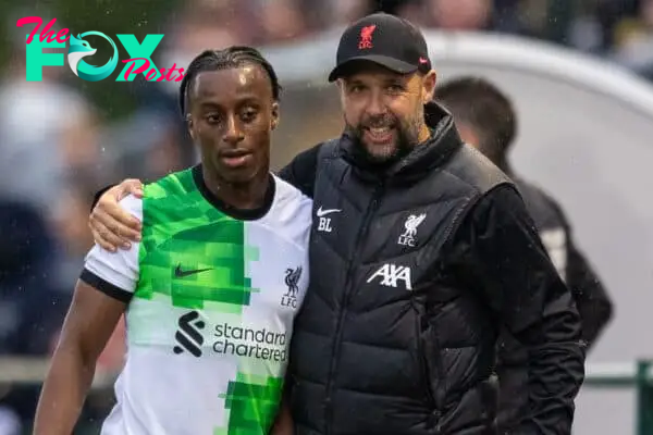 SOUTHAMPTON, ENGLAND - Friday, August 25, 2023: Liverpool's Isaac Mabaya (L) and Under-21's head coach Barry Lewtas during the Premier League 2 Division 1 match between Southampton FC Under-21's and Liverpool FC Under-21's at the Testwood Stadium. Liverpool won 3-0. (Pic by Robin Jones/Propaganda)