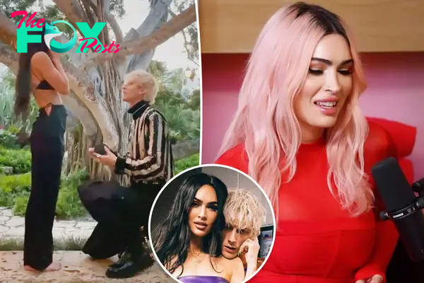 Machine Gun Kelly proposing to Megan Fox split with her on "Call Her Daddy" with an inset of them.