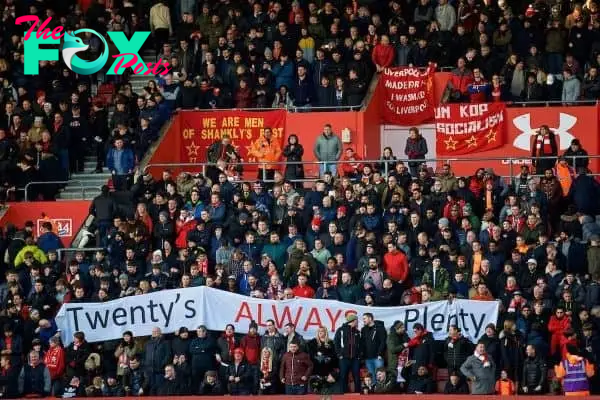 SOUTHAMPTON, ENGLAND - Sunday, February 11, 2018: Liverpool supporters' banner "Twenty's Always Plenty" as they protest against high ticket prices during the FA Premier League match between Southampton FC and Liverpool FC at St. Mary's Stadium. (Pic by David Rawcliffe/Propaganda)