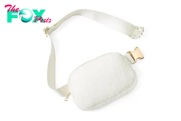 A white fleece belt bag