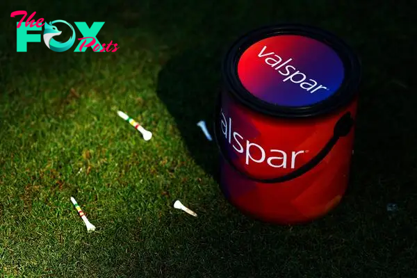 A Valspar paint can is seen during the first round of the Valspar Championship at Copperhead Course at Innisbrook Resort and Golf Club.
