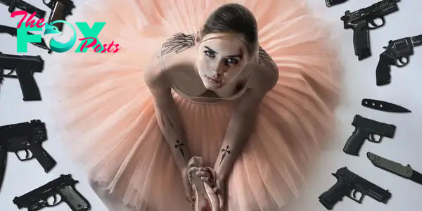 Ana de Armas surrounded by guns and knives in movie poster for Ballerina (2024)