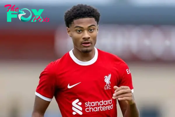 LIVERPOOL, ENGLAND - Saturday, September 23, 2023: Liverpool's Kyle Kelly during the Under-18 Premier League North match between Liverpool FC Under-18's and Everton FC Under-18's, the Mini-Mini-Merseyside Derby, at the Liverpool Academy. (Pic by David Rawcliffe/Propaganda)