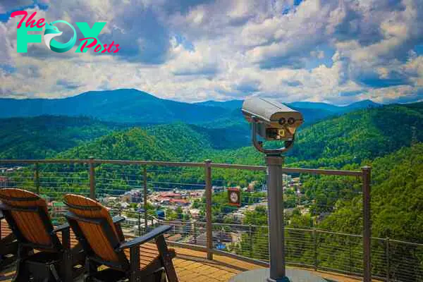 coin-operated viewing telescopes with a view of the Smokey Mountains in downtown Gatlinburg, Tennessee