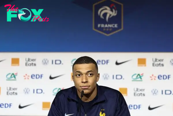 France's forward Kylian Mbappe looks on during a press conference at the Groupama Stadium in Decines-Charpieu, near Lyon, on March 22, 2024, on the eve of the friendly football match between France and Germany. (Photo by FRANCK FIFE / AFP)