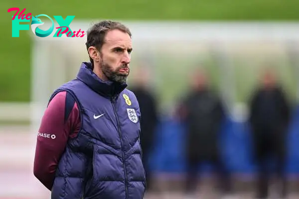 England's manager Gareth Southgate takes part in a team training session at St George's Park in Burton-on-Trent, central England, on March 20, 2024 ahead of their friendly football match against Brasil. (Photo by JUSTIN TALLIS / AFP)