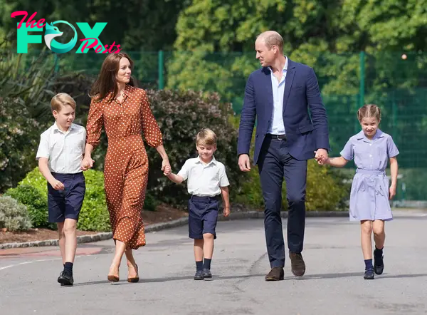 Kate Middleton and Prince William holding hands with their kids.
