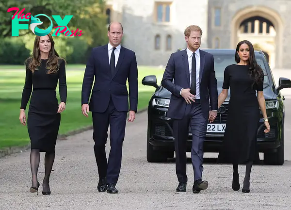 Kate Middleton, Prince William, Prince Harry and Meghan Markle on the long Walk at Windsor Castle in 2022.