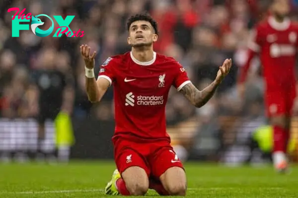 LIVERPOOL, ENGLAND - Sunday, March 10, 2024: Liverpool's Luis Díaz looks dejected after missing a chance during the FA Premier League match between Liverpool FC and Manchester City FC at Anfield. The game ended 1-1. (Photo by David Rawcliffe/Propaganda)