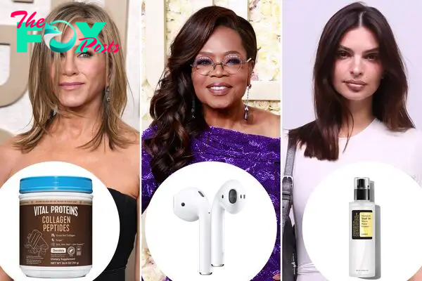 Jennifer Aniston, Oprah and Emily Ratajkowski with insets of collagen, headphones and skincare