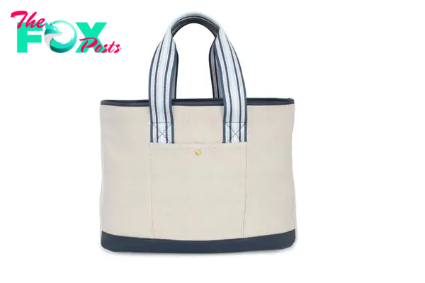 A tote bag with striped handles