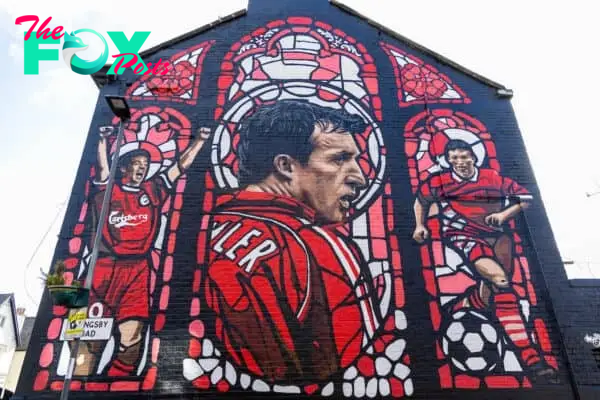 LIVERPOOL, ENGLAND - Friday, March 22, 2024: A new street art mural of Liverpool and England striker Robbie Fowler, nicknamed 'God', painted on a terrace house a few streets away from Anfield Stadium. (Photo by David Rawcliffe/Propaganda)