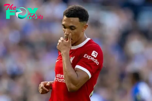 BRIGHTON & HOVE, ENGLAND - Sunday, October 8, 2023: Liverpool's Trent Alexander-Arnold looks dejected as Brighton & Hove Albion score the opening goal during the FA Premier League match between Brighton & Hove Albion FC and Liverpool FC at the American Express Community Stadium. The game ended in a 2-2 draw. (Pic by David Rawcliffe/Propaganda)