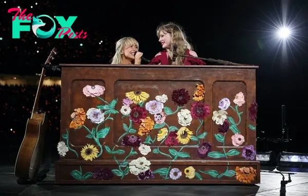 Sabrina Carpenter and Taylor Swift performing at a piano together in Sydney as part of the 'Eras Tour'