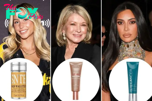 Alix Earle, Martha Stewart and Kim Kardian with insets of beauty products