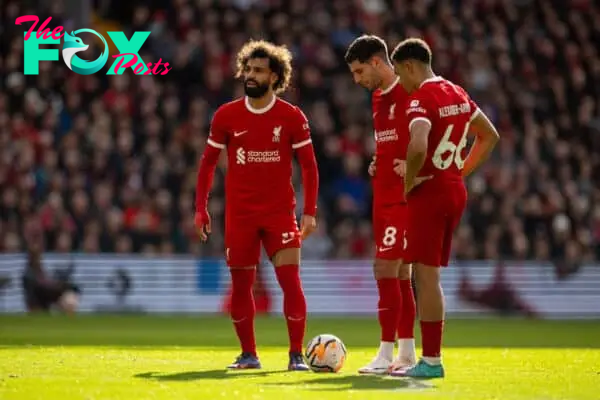 LIVERPOOL, ENGLAND - Saturday, October 21, 2023: Liverpool's Mohamed Salah, Dominik Szoboszlai and Trent Alexander-Arnold prepare to take a free-kick during the FA Premier League match between Liverpool FC and Everton FC, the 243rd Merseyside Derby, at Anfield. Liverpool won 2-0. (Photo by David Rawcliffe/Propaganda)